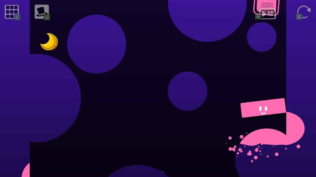 Oozy's Lab World 2 Level 4 with horizontal Oozy launched from the right rotating platform and the moon visible on the left