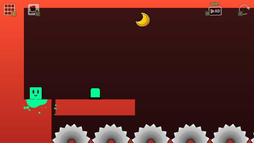 Oozy's Lab World 3 Level 1 opening room with Oozy on the left, an orange moving platform and saws below