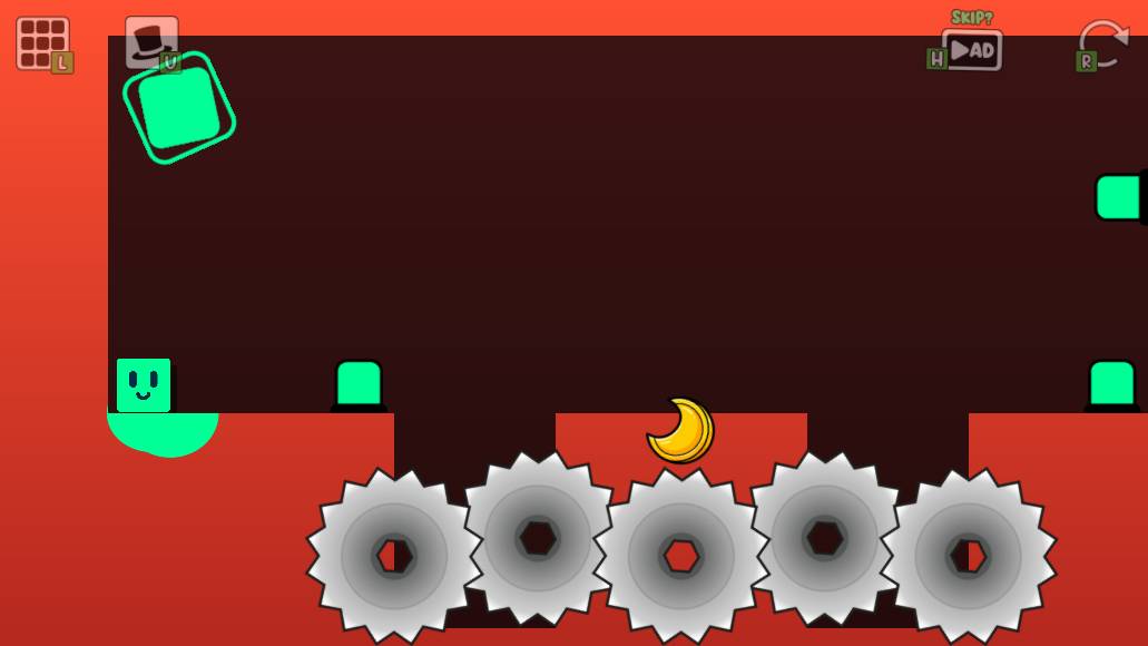 Oozy's Lab World 3 Level 2 starting room with three green buttons, orange ledges and five large saws