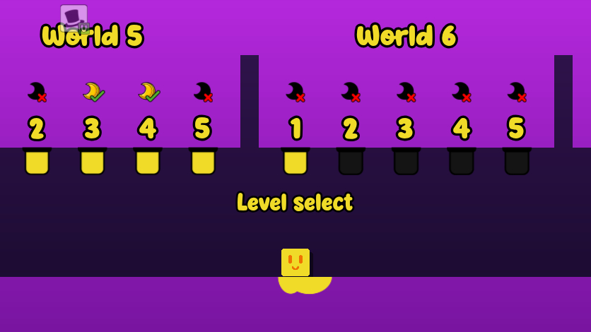 Current Oozy's Lab selector after the World 5 completion showing World 5 Levels 2 and 5 without moons and World 6 Level 1 unlocked