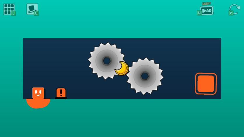 Oozy's Lab World 5 Level 1 opening room with an A button, two large saws, the moon between them and the finish on the right