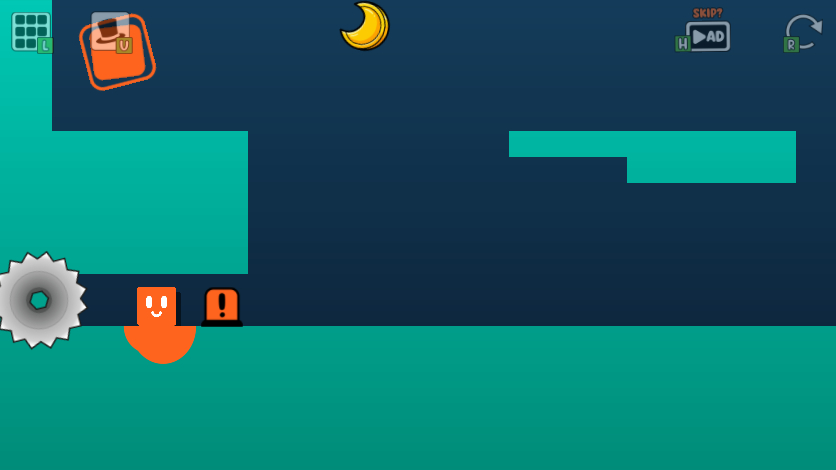 Oozy's Lab World 5 Level 5 opening room with C beside Oozy, a moving platform and the bottom-right A beyond the saw route