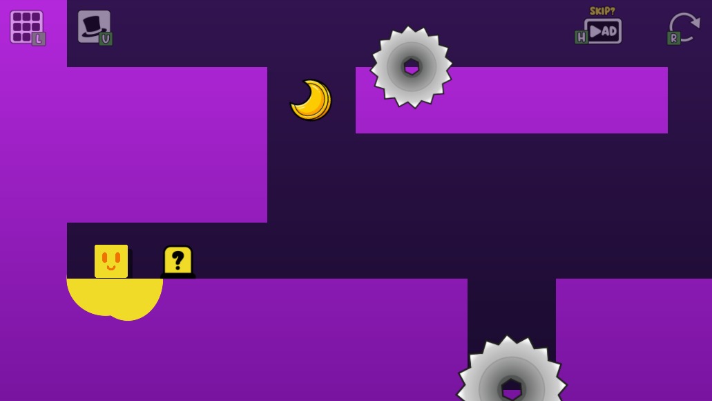 Oozy's Lab World 6 Level 3 start with the invisibility switch beside Oozy, the moon above and saws guarding the lower and upper routes