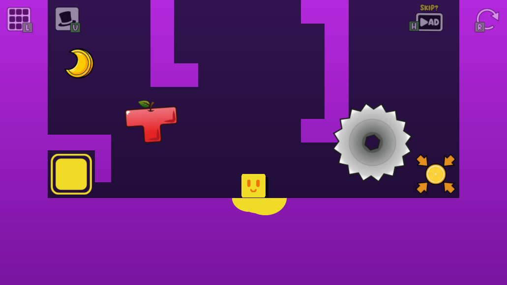Oozy's Lab World 6 Level 4 start with the red T-shape fruit on the left, the bottom-left finish and a saw beside the first size item