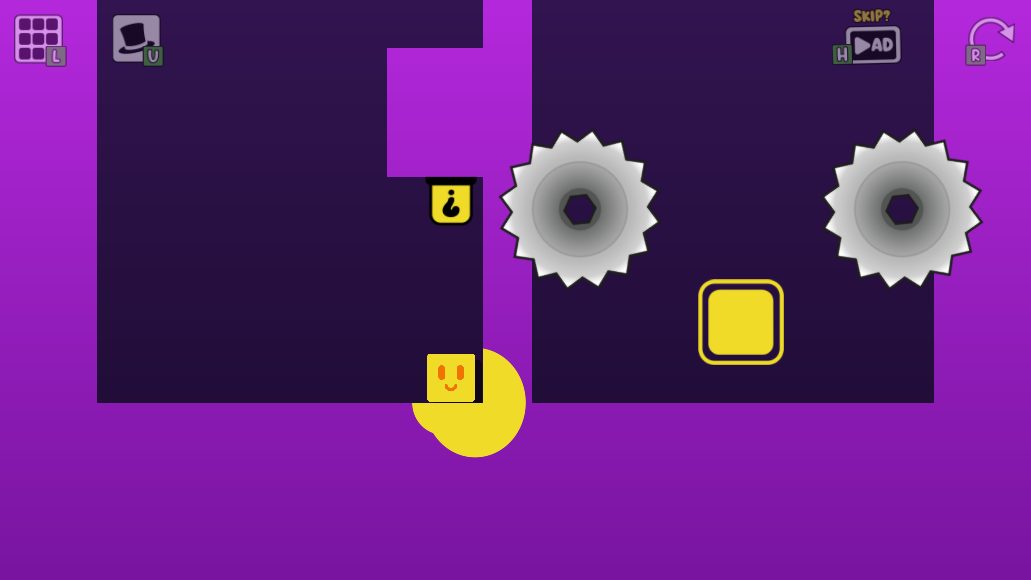 Oozy's Lab World 6 Level 5 start with the upside-down jump switch above Oozy, two large saws and the lower-right finish